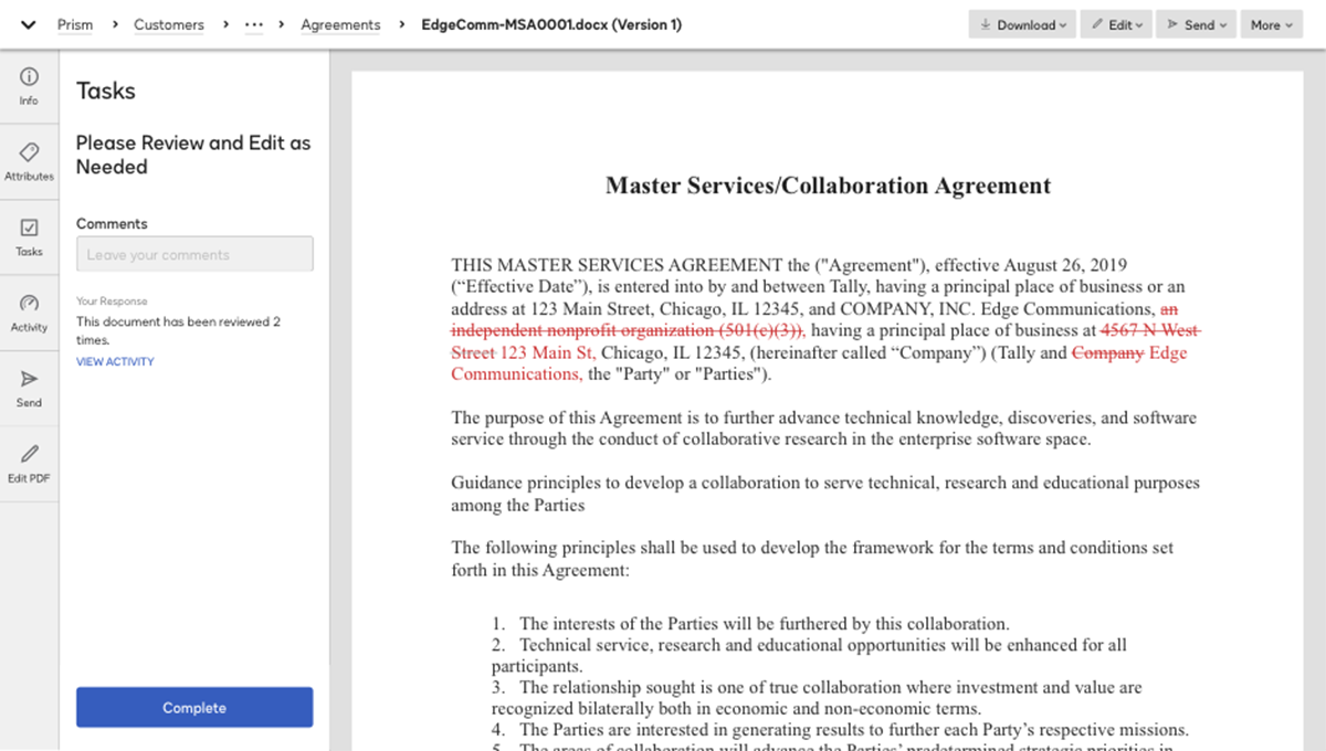 Screenshot of reviewing a contract in the system