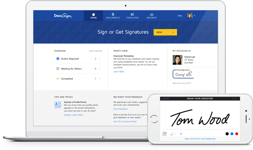 DocuSign user interface shown in a laptop