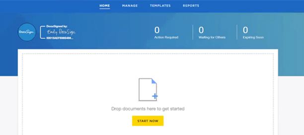 DocuSign eSignature interface showing “Drop your documents here”